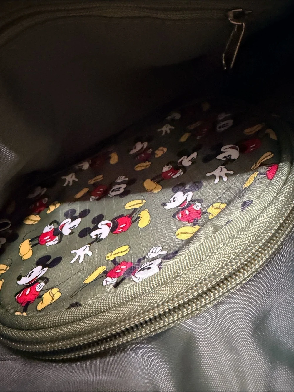 Vintage Disney Mickey Mouse Olive Green Nylon Shoulder Bag & Matching Pouch Set